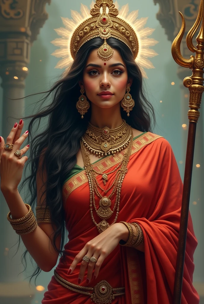 Beautiful Indian girl age 30 year. She is wearing a traditional red saree. She is wearing jewelery along with professional make-up. She has a big earring in her ear. She has a bangle in her hand, and a crown on her head. There are eyes on her forehead. The hair are open. And she is holding a trident in one hand. And she is giving blessings with one hand.