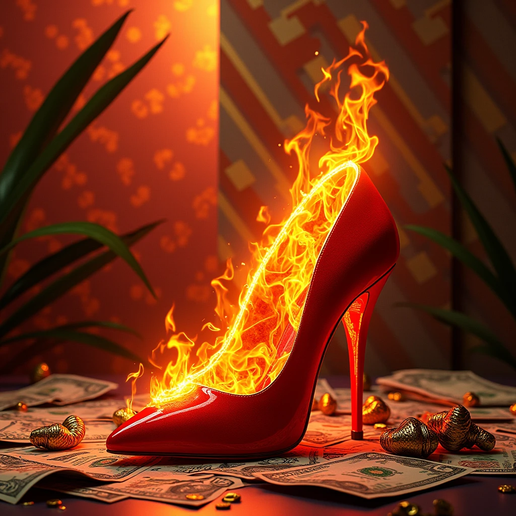 album cover a red high heel on fire, gucci style , money and stylish