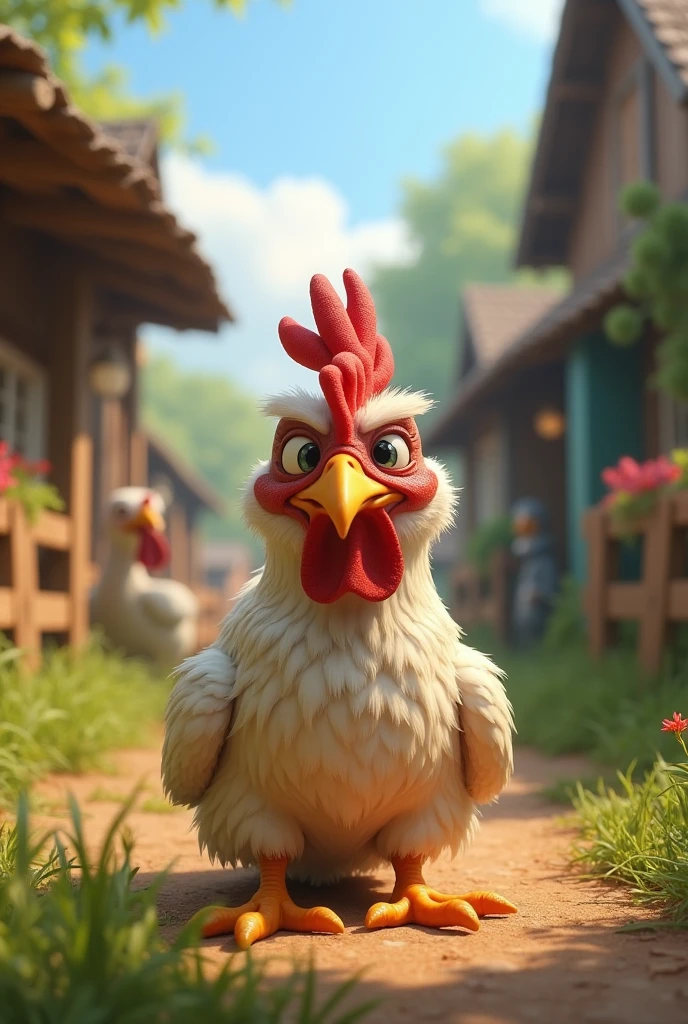 Old hen on a farm looking at the camera awkwardly embarrassed pixar style