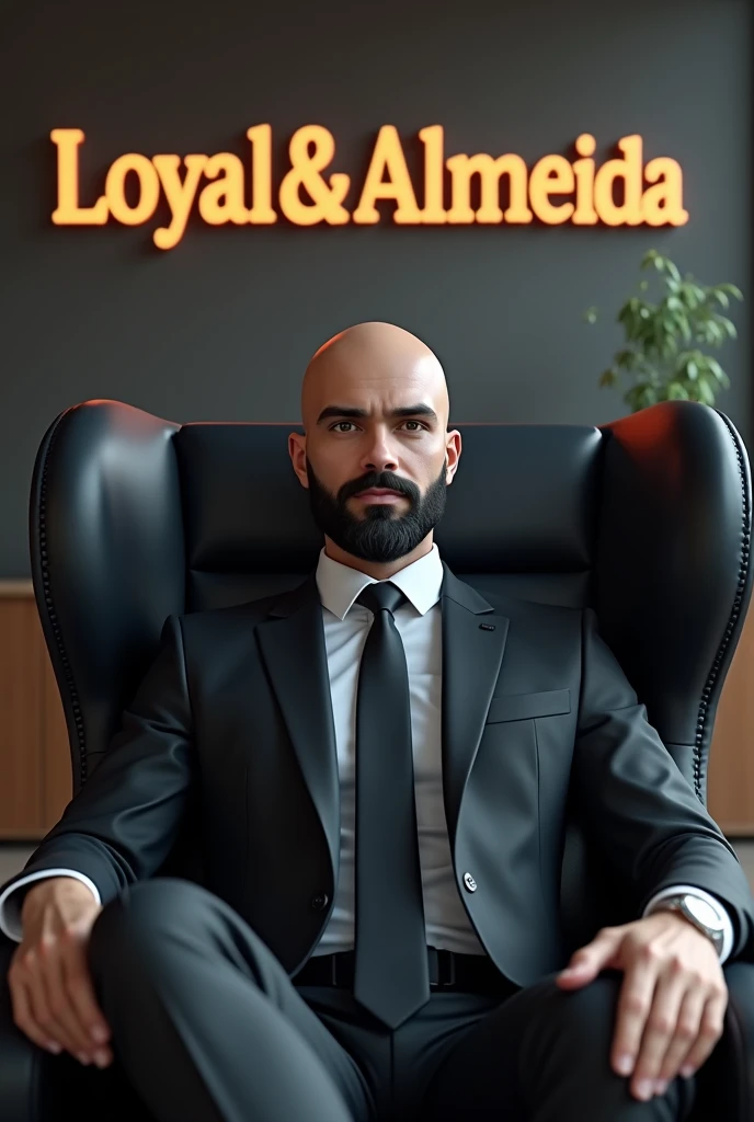 Create a young professional bald man with black beard from an accounting firm sitting on a large black chair a little away looking with serious face, and right behind the man in 3d written loyal & almeida.