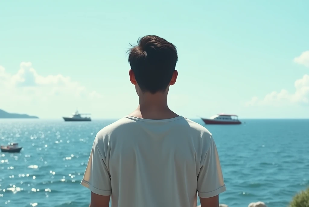 man with his back looking at the sea watching boats with a t-shirt printed on the back with a low cut
