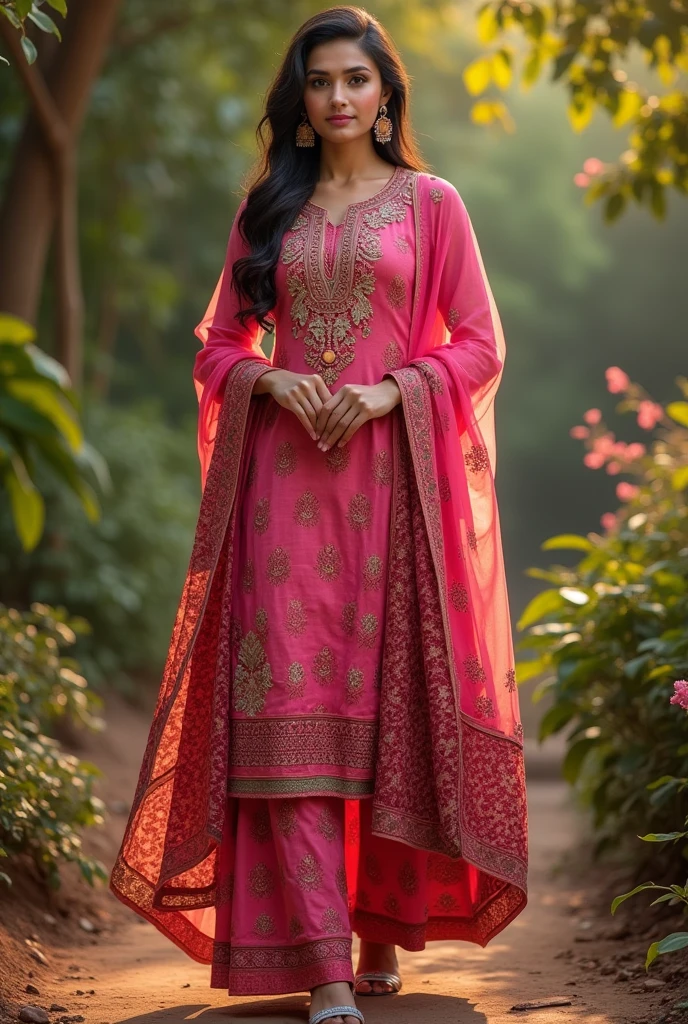 vazro pink kurti on maroon printed design and matching pajama and shawl 