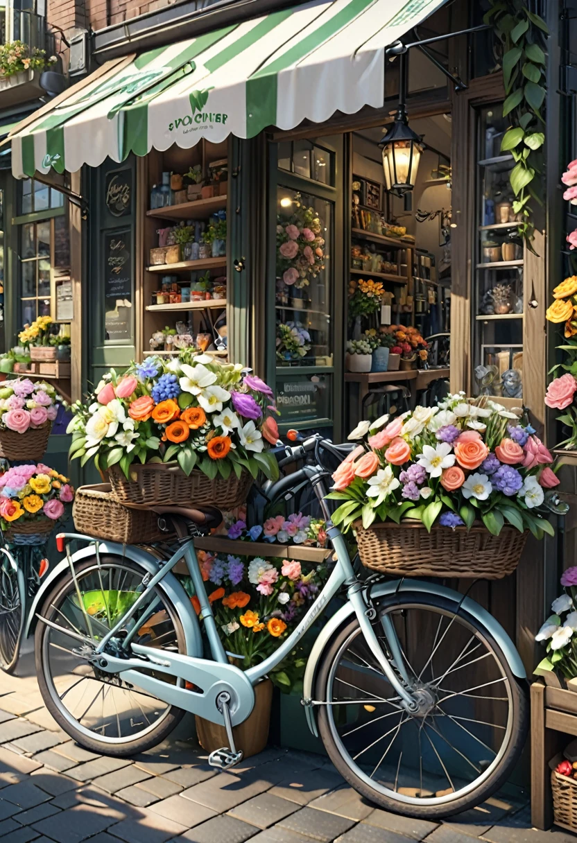( Correct and perfect anatomy )(close up) A basket brimming with fresh flowers. A detailed and intricate bicycle parked beside the flower shop. A detailed and complex, perfectly artistic illustration. Delicate, realistic, high detail. Best quality. ( Correct and perfect anatomy ) Ultra-detailed animation art and visual effects masters perfectly compose intricate digital art