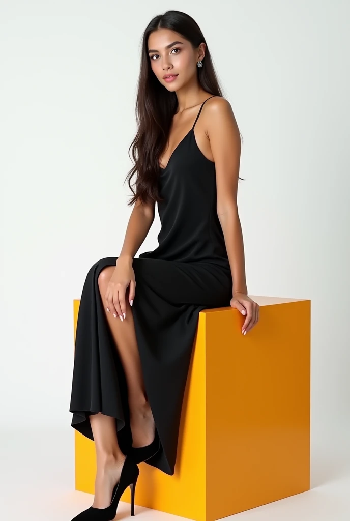 best qualityer:1.4), (ultra high resolution:1.2), (photorrealistic:1.4), (8k, CRU photo:1.2), 1 woman aged 26. brunette skin. Long, straight, loose dark brown hair.She is wearing a black dress up to her knees. black highheels. She is sitting on top of a colorful cube. You are in a photography studio with a white background. She is Brazilian.