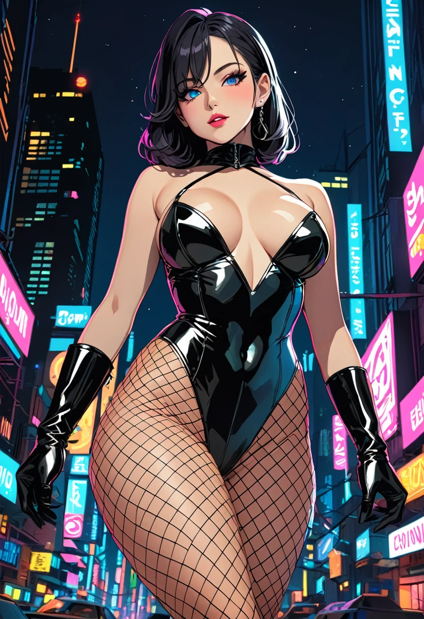 A sexy woman in a highleg latex leotard, with gloves, and highboots, wearing a fishnet pantyhose, in the middle of a neon city at night