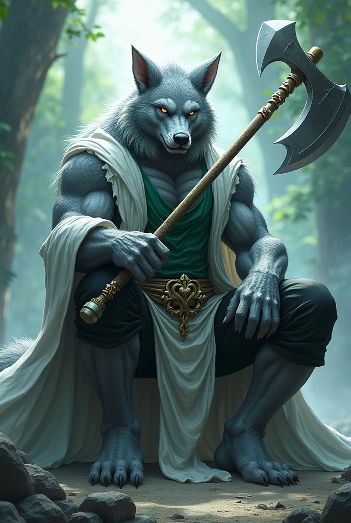 generates a gray werewolf with a face similar to a Dragon Ball Z-style Himanshu with a green shirt and a white robe with black pants, muscular with an axe of gods, sitting on a 4D sheet