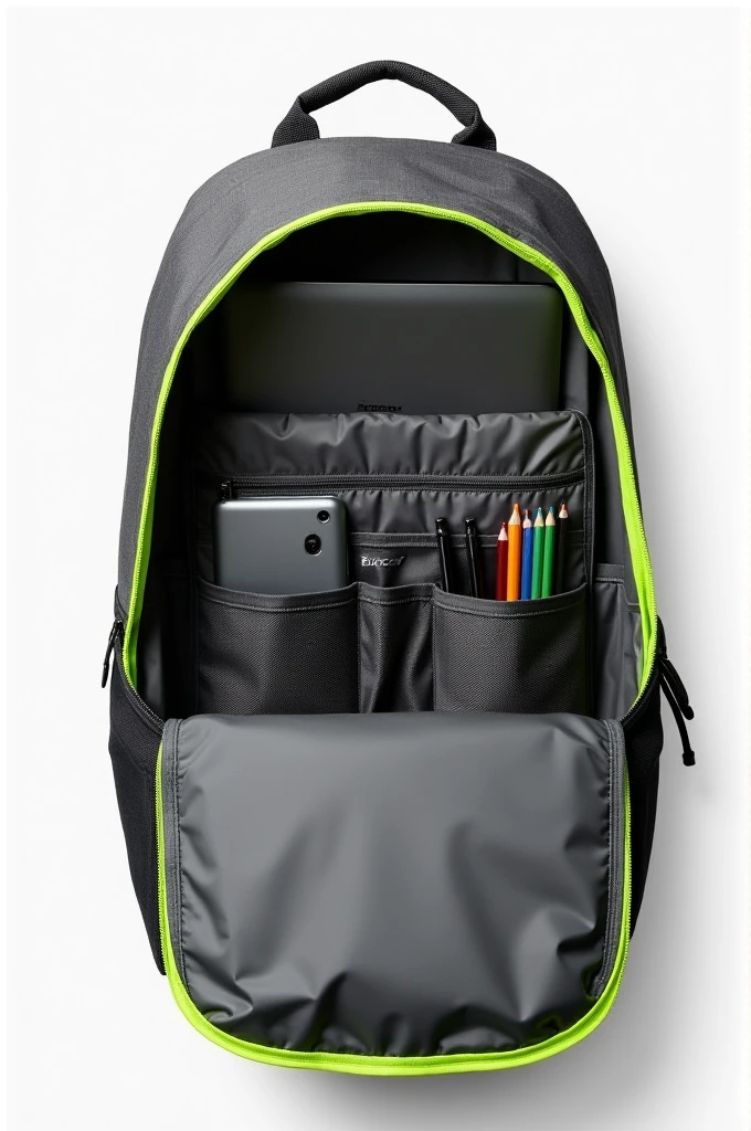 Make a collage showing only the inside of the EcoTech Pack backpack, which is dark gray with neon green edges. In the image, Highlights:
1. Laptop Space: A padded compartment for a laptop.
2. Space for pencils: An organizer for pencils and other utensils.
3. Enough Space: Shows that there is enough space for other items.
Make sure the name “EcoTech Pack” is clearly visible on the inside. the background must be white.
A collage where the part where the pencils go to the PC is highlighted