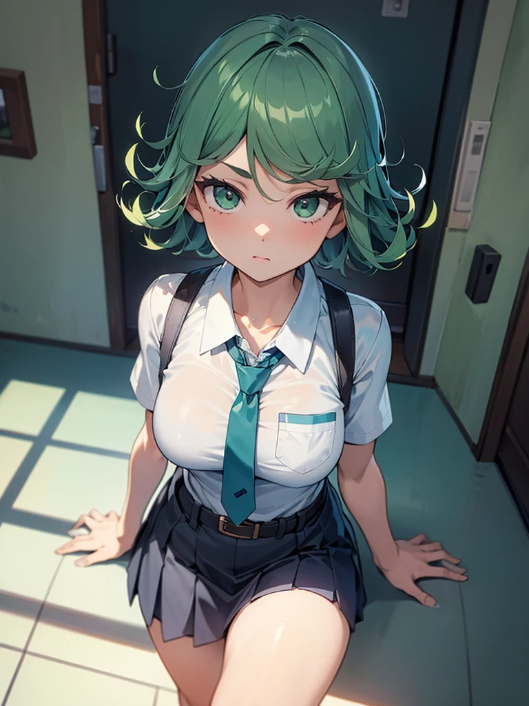 (high res, 8K, masterpiece, looking at viewer, best quality, very aesthetic, ultra detailed, ultra background, ultra Eyes) intricate details, 1girl, Tatsumaki, short sleeved white shirt, Light Blue Gray short skirt, Pockets on the left chest, Blue Gray tie, Wearing a belt, green short hair, green eyes, Normal Face, Background School Hallway, Cinematic Angle