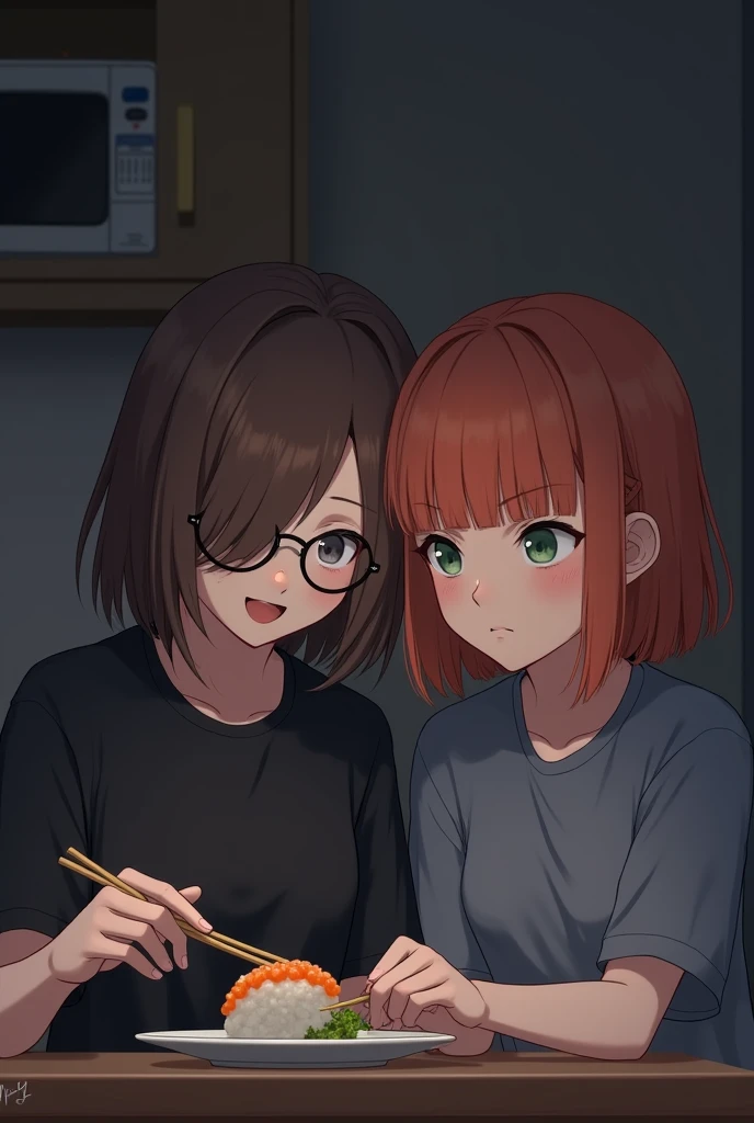 2 girl, friends, emo/scene atrstyle. The first girl with brown hair slightly longer than shoulder length, a little messy and not straggly, the main length lies on the shoulders and a slanting fringe covering the left eye, gray-blue eyes and a black T-shirt, with round glasses, a little shorter, more cheerful. The second girl is reddish-orange hair slightly longer than shoulder length, about the same hairstyle as the first girl only more neat and slightly round, quite lush hair and with curtain bangs, dark green eyes, gray-blue T-shirt, slightly taller, more calm.
girls sitting in a dark kitchen eating sushi