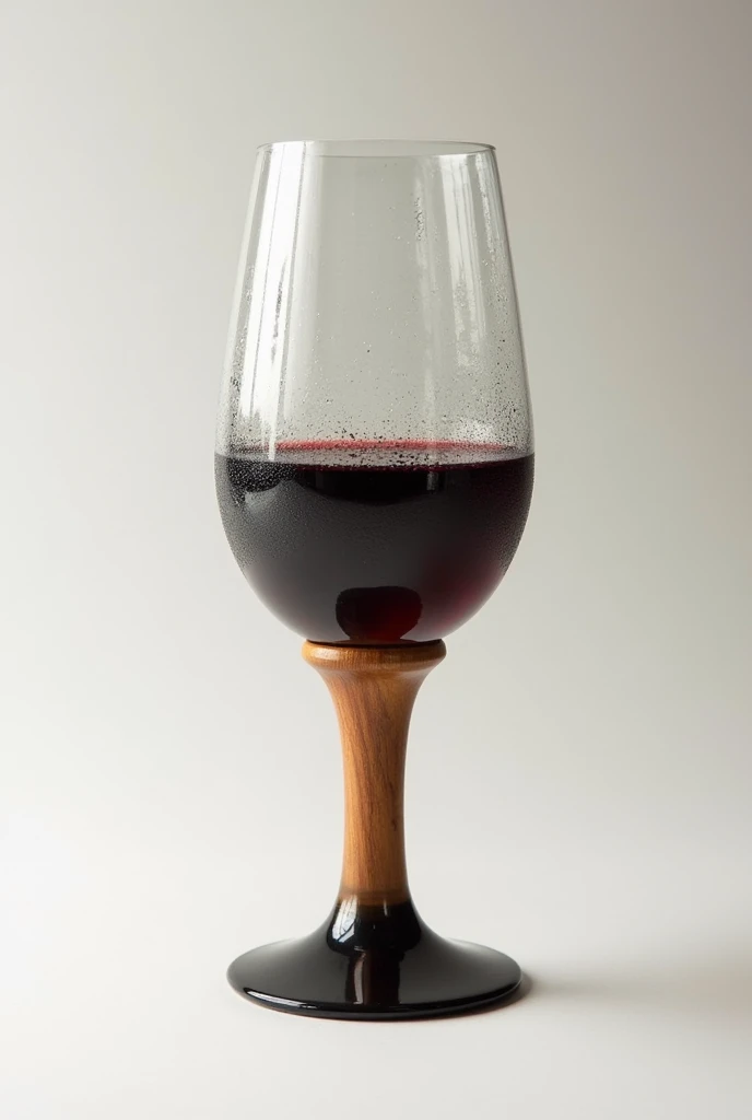 Create an image of epoxy fortius wine glass with nothing in it and with 2 different colors on the glass texture and the holding part should be of wood