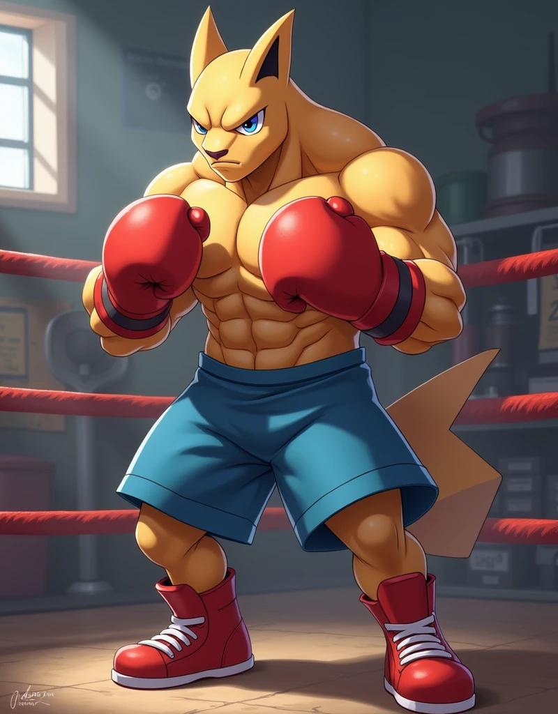 "A humanoid Pokémon with light brown skin, wearing red boxing gloves, blue short pants and red shoes. He has a muscular and well-defined body, with small eyes and a determined expression. (((Hitmonchan))) is in a fighting posture, with his fists raised and ready to attack. The background can be a boxing ring or a training gym environment."
