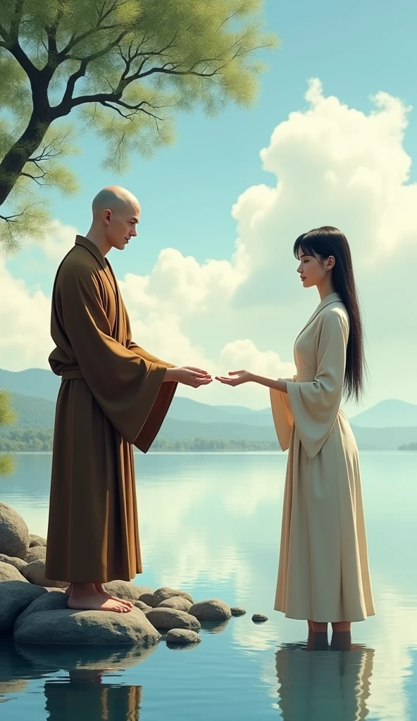 The monk and the woman stand at the edge of a calm lake. The monk hands the woman a small, smooth pebble. The environment is tranquil, with trees gently swaying in the breeze and the sky reflected perfectly in the water.
The Young Clothes are simple, flowing dress in pastel colors, perhaps light blue or beige. Her Expression are Concerned, eyes downcast, a slight frown on her face.
The Monk's Face bald and clean shaved. He is Calm and serene, with a gentle smile. His Clothes are Traditional monk robes in earthy tones, like brown.