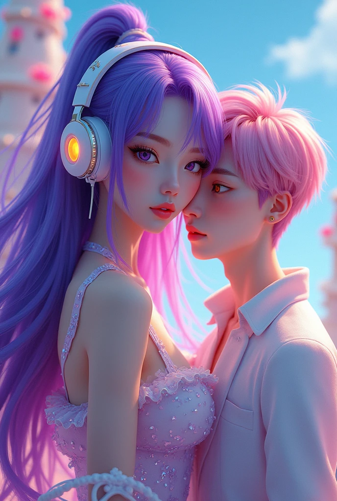 Korean purple hair butterfly woman with headphone and shiny shiny dress perfect full body and pink hair young white man with cute outfit too