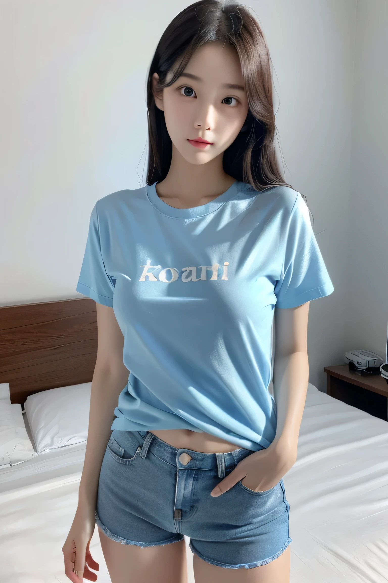 one ultra realistic raw photo of pretty korean girl ,standing in standing in her bedroom , wearing blue color shorts and ultra real t-shirt, realistic face, ultra detailed photo, 26 year old mature,photo real face with perfect body 