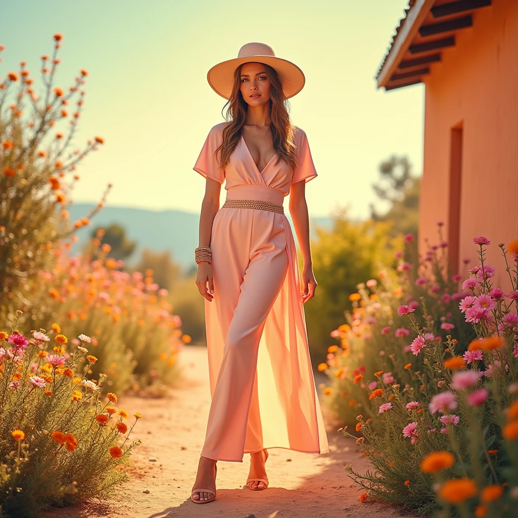 Une femme élégante portant des vêtements a la mode et fashion aux couleurs pastel, dans un cadre estival lumineux avec des fleurs en arrière-plan. Style frais et élégant. photo entiere de la te au pieds
