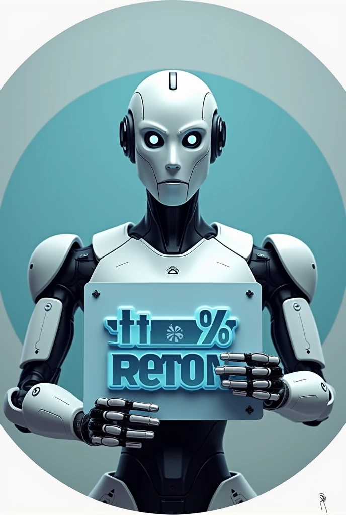 round photo of a robot holding a sign in blue and gray colors