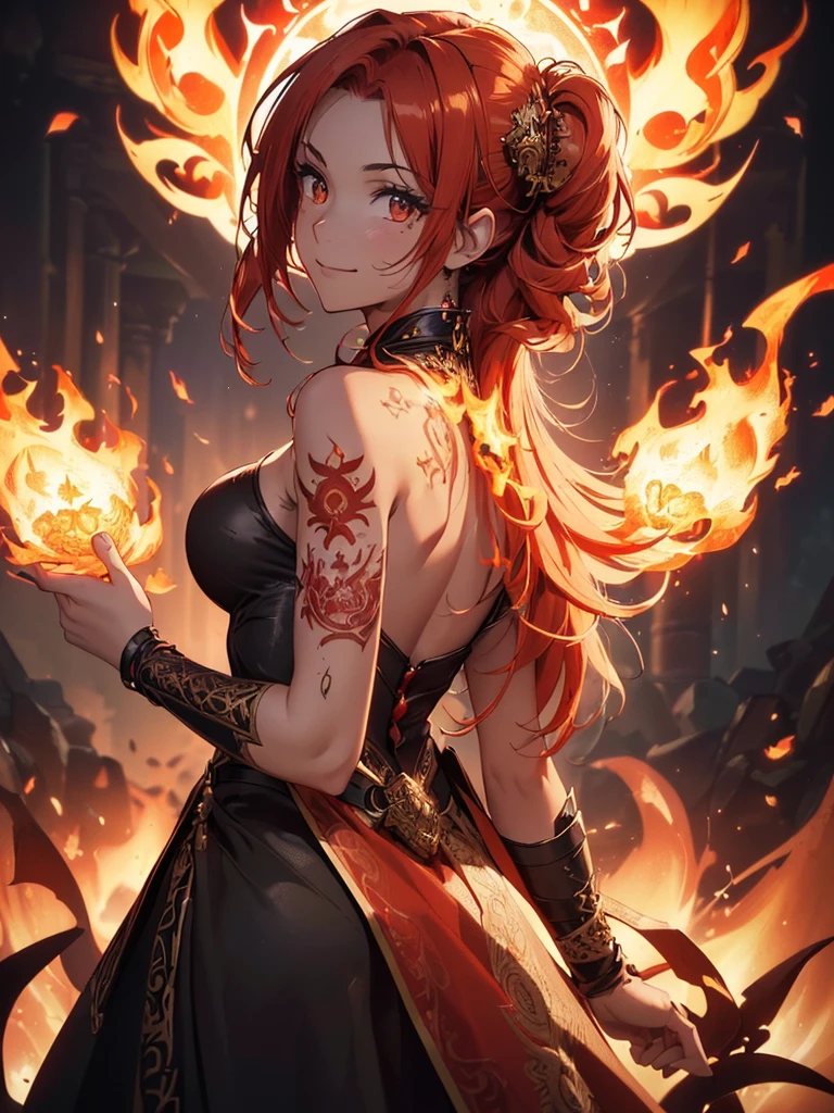 (((best quality, sharp image, clear image, cinematic lighting, 8k resolution, masterpiece, ultra detailed, intricate))) Girl, (((looking over left shoulder))), (shot from behind), fire mage, ((intricate background)), ((chaotic background)), red hair, smiling, ((flame runes, flame sigils)), (tatoo on back), slim figure, flying sigils