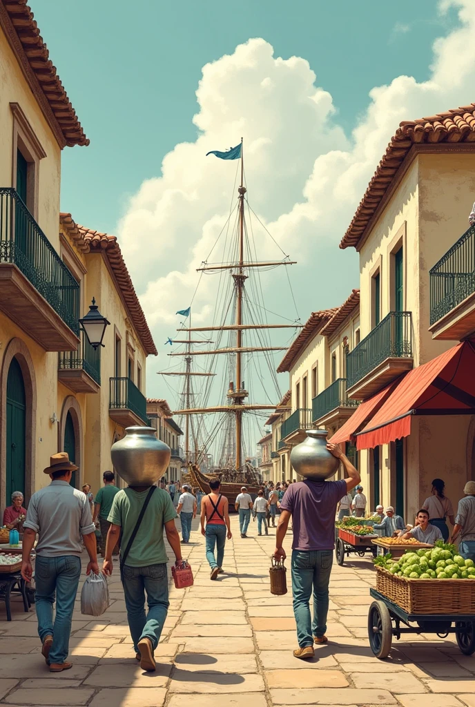 OLD ILLUSTRATION OF THE STREETS OF COLONIAL MONTEVIDEO WHERE THE WATER BEARERS ARE IDENTIFIED, SAILBOATS AND DAIRY MEN OF THE ERA