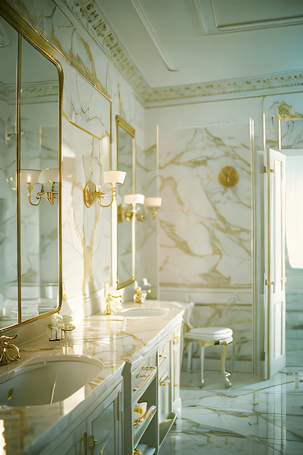 a white dreamy house, bathroom, retro, foggy, soft focus, year of 1995, cool lighting, muted pastel colors, glowing atmosphere, dramatic, cinematic composition, dream-like quality, ethereal, romantic, soft focus photography, golden hour, windy, marble, golden and mirrors, hazy