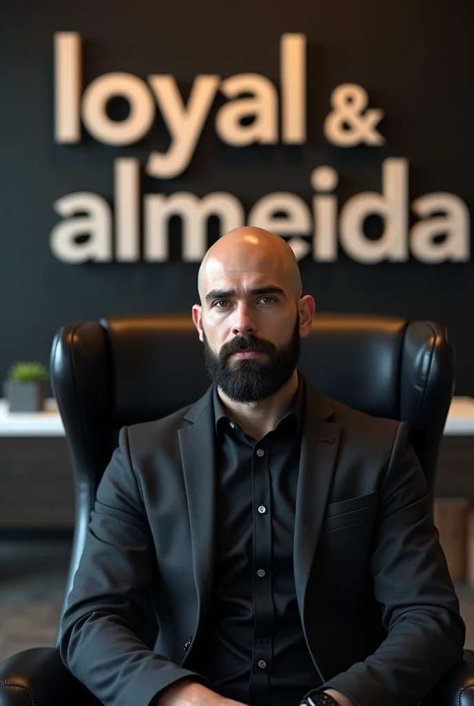 Create a young professional bald man with black beard from an accounting firm sitting on a large black chair a little away looking at the photo with serious face, and right behind the man in 3D it says LOYAL  & ALMEIDA