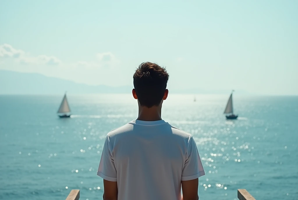 man with his back looking at the sea watching boats with a t-shirt printed on the back with a low cut
