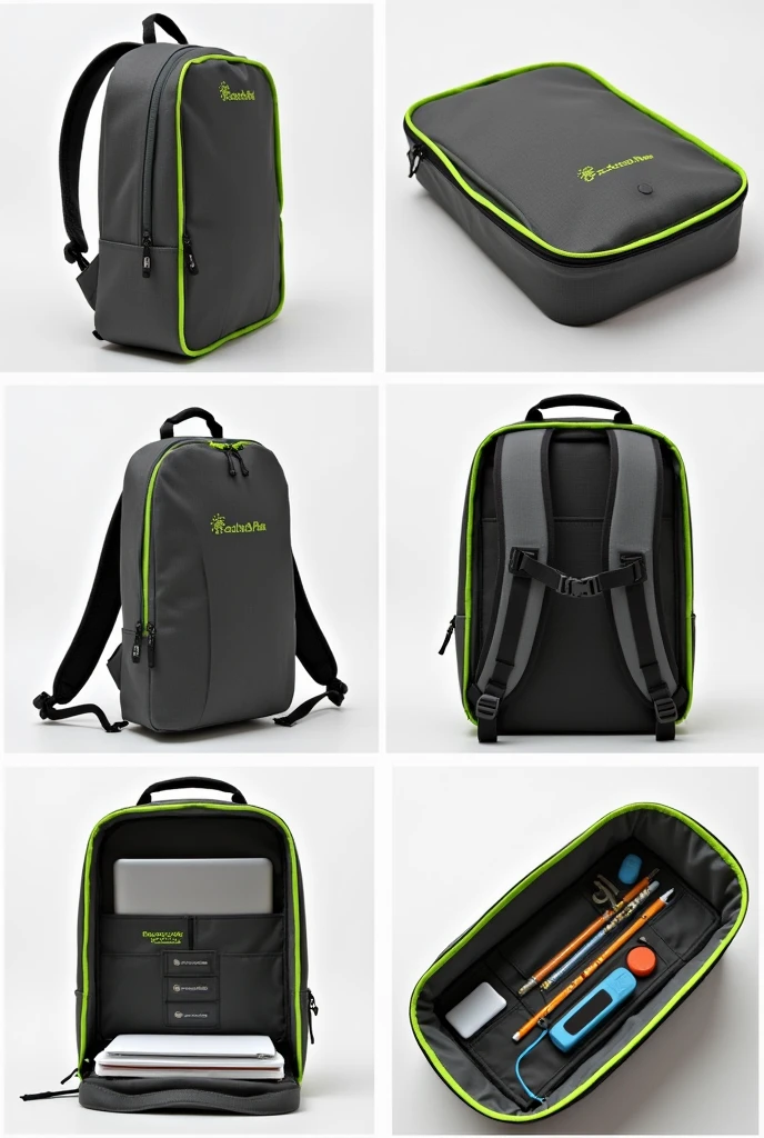  collage showing only the inside of the EcoTech Pack backpack, which is dark gray with neon green edges. In the image, Highlights:

	1.	Laptop Space: A padded compartment for a laptop.
	2.	Space for pencils: An organizer for pencils and other utensils.
	3.	Enough Space: Shows that there is enough space for other items.

Make sure the name “EcoTech Pack” is clearly visible on the inside. the background must be white.

A collage where the part where the pencils go to the PC is highlighted 