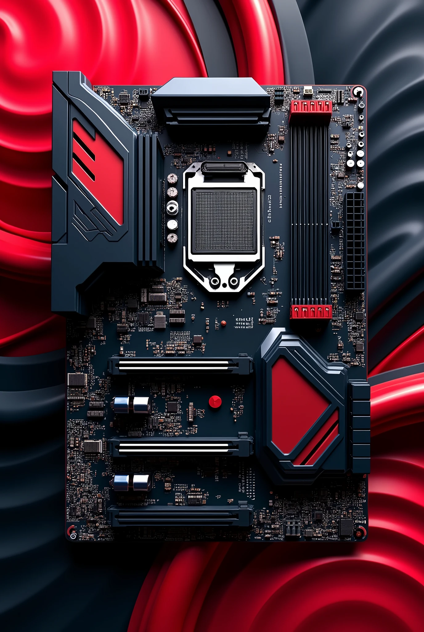 Motherboard showing processor socket, seen from above, futurist, with heat sinks, swirly vibrant colors, predominant colors in black and red.