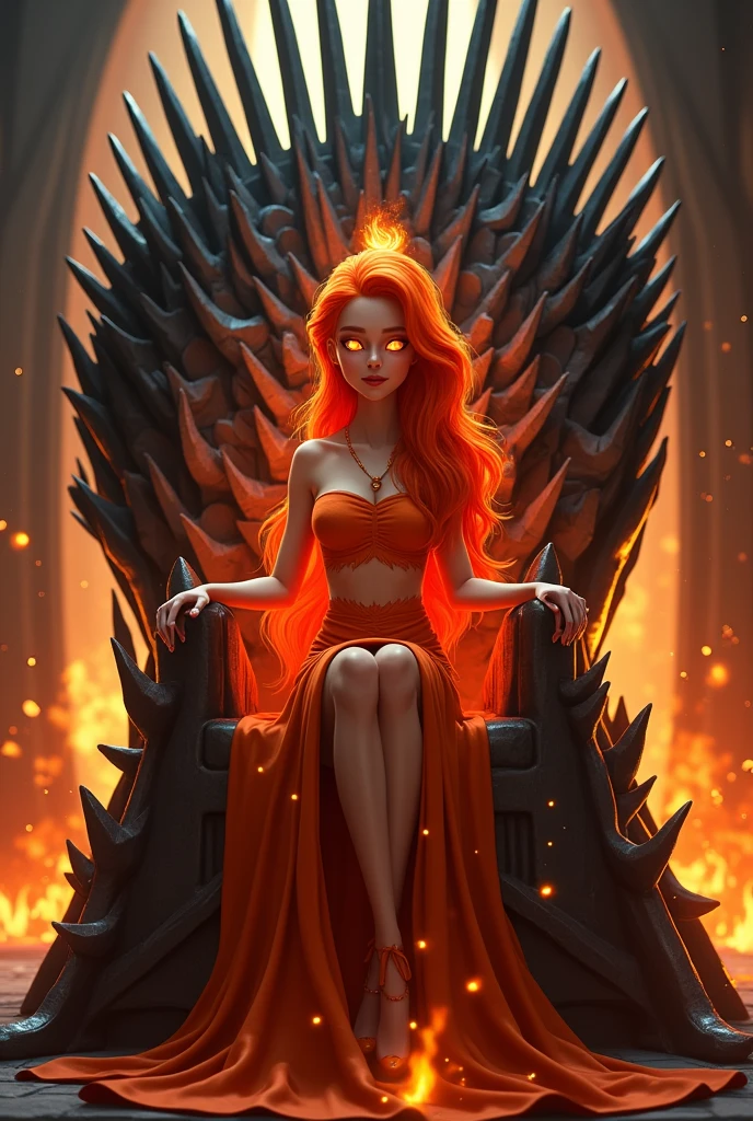 Create an image of the flame princess from adventure time sitting on the iron throne in live action