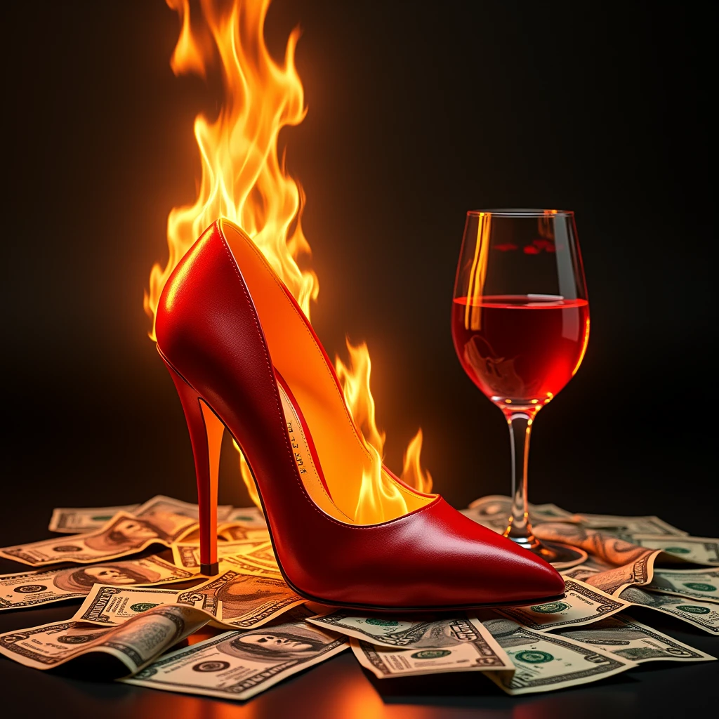 album cover a red high heel on fire, gucci style , money, realistic stylish wine glass