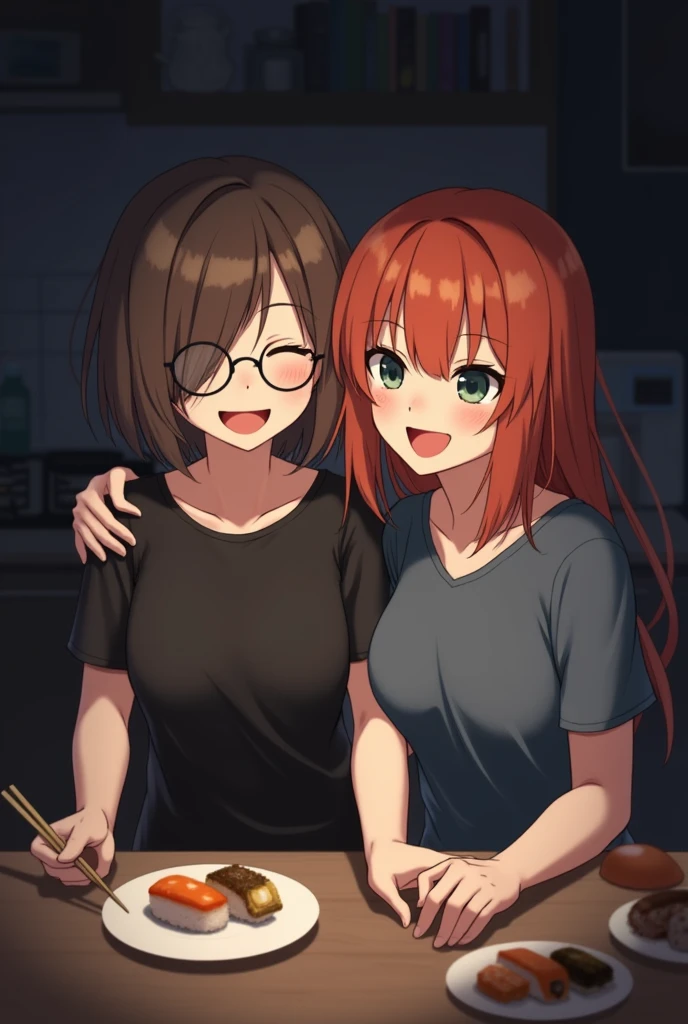 2 girl, friends, emo/scene atrstyle. The first girl with brown hair slightly longer than shoulder length, a little messy and not straggly, the main length lies on the shoulders and a slanting fringe covering the left eye, gray-blue eyes and a black T-shirt, with round glasses, a little shorter, more cheerful. The second girl is reddish-orange hair slightly longer than shoulder length, about the same hairstyle as the first girl only more neat and slightly round, quite lush hair and with curtain bangs, dark green eyes, gray-blue T-shirt, slightly taller, more calm.
girls sitting in a dark kitchen eating sushi and the first girl happily hugs the second one by shoulder