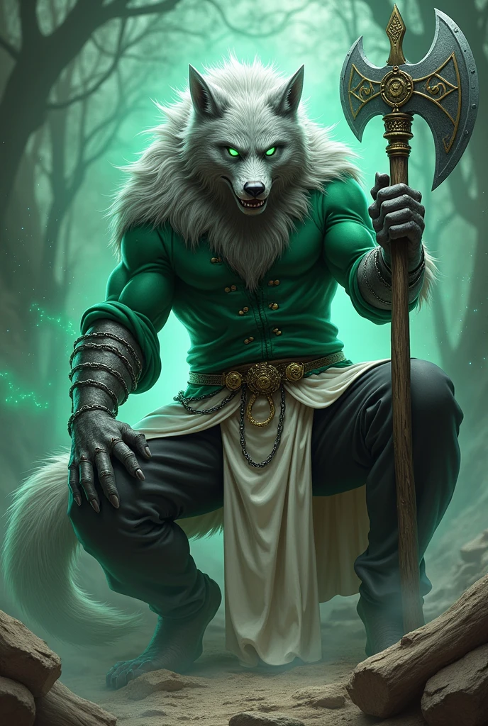 generates a gray werewolf with glowing green eyes and an arm consumed by darkness tied with chains with a face similar to a dragon ball z style himano with a green shirt and a white robe with black pants, muscular with an axe of gods, sitting on a 4D sheet