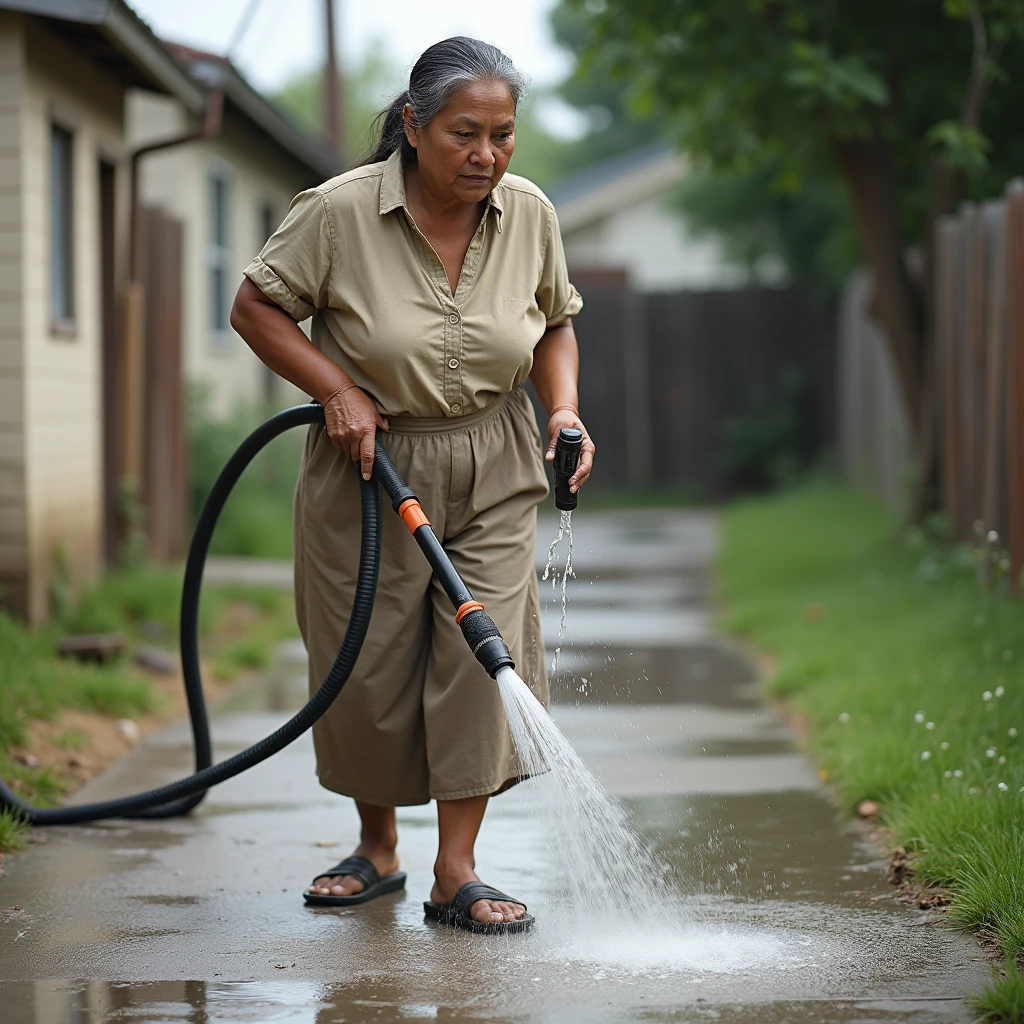 Photo of a non-sensual 50-year-old Latina woman in a blouse and long shorts, washing the sidewalk with a hose