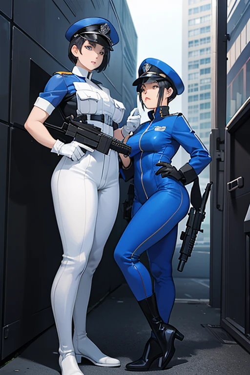 Two muscular mature women with short black hair and wearing blue enamel catsuits, white gloves, white boots and police caps, holding submachine guns at the scene of a crime Police car