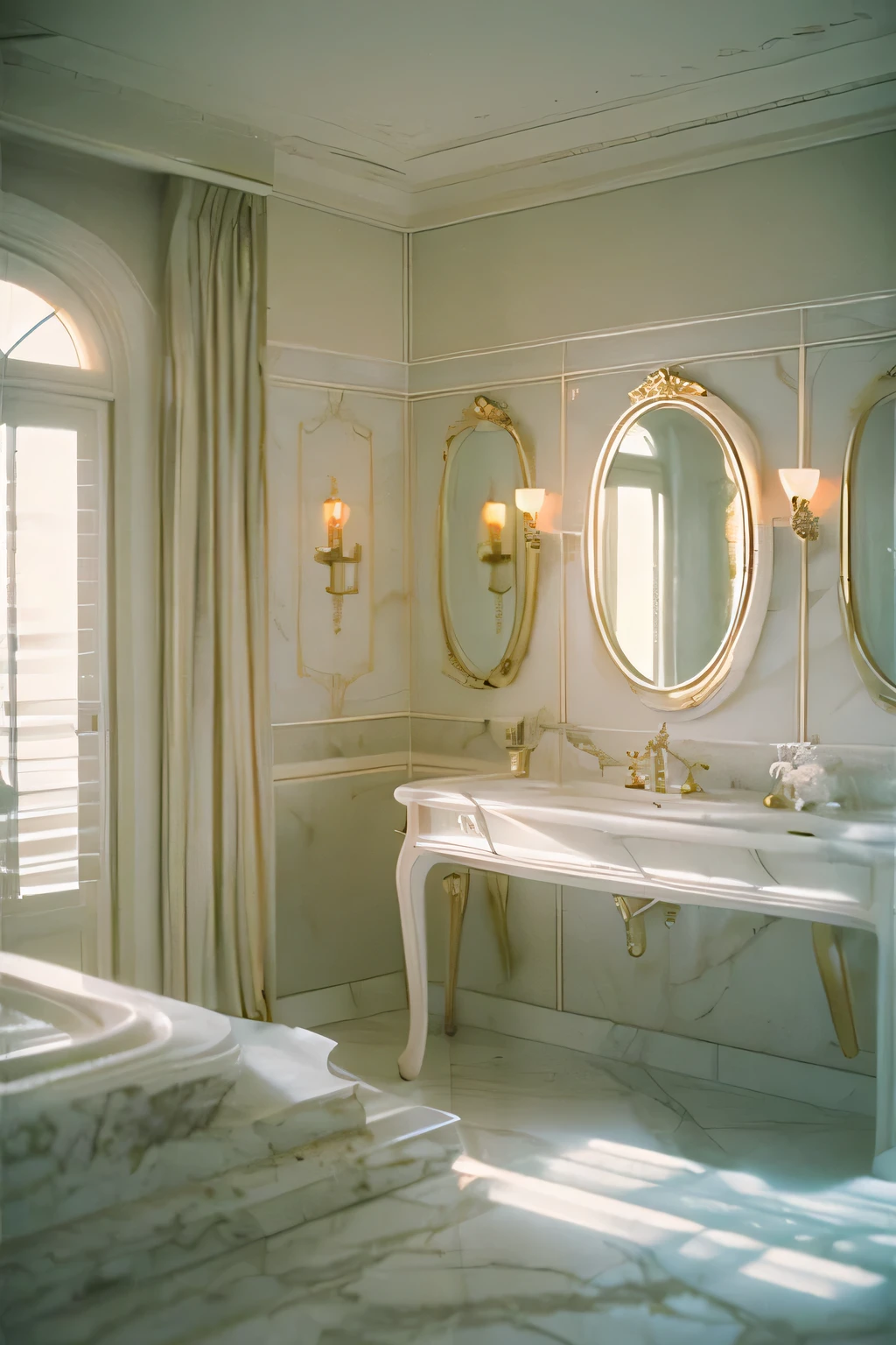 a white dreamy house, bathroom, retro, foggy, soft focus, year of 1995, cool lighting, muted pastel colors, glowing atmosphere, dramatic, cinematic composition, dream-like quality, ethereal, romantic, soft focus photography, golden hour, windy, marble, golden and mirrors, hazy