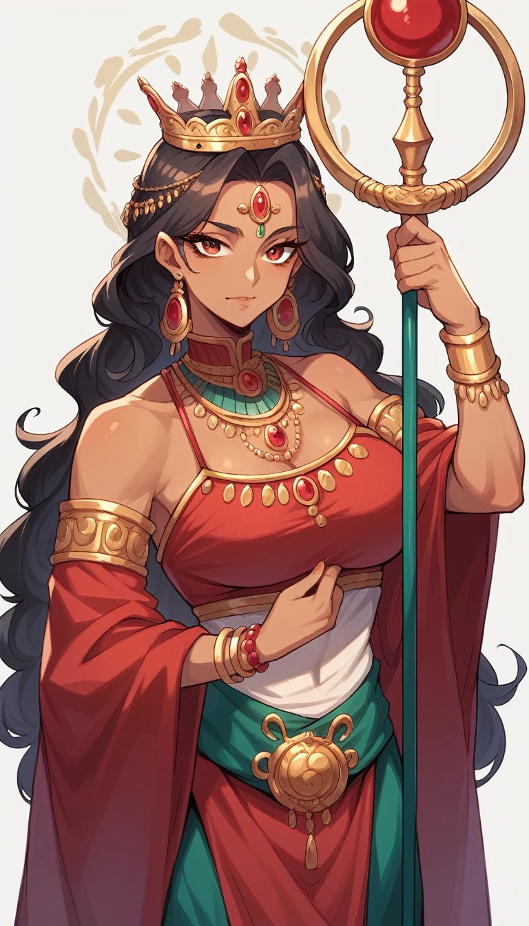 Beautiful Indian girl age 30 year. She is wearing a traditional red saree. She is wearing jewelery along with professional make-up. She has a big earring in her ear. She has a bangle in her hand, and a crown on her head. There are eyes on her forehead. The hair are open. And she is holding a trident in one hand. And she is giving blessings with one hand.