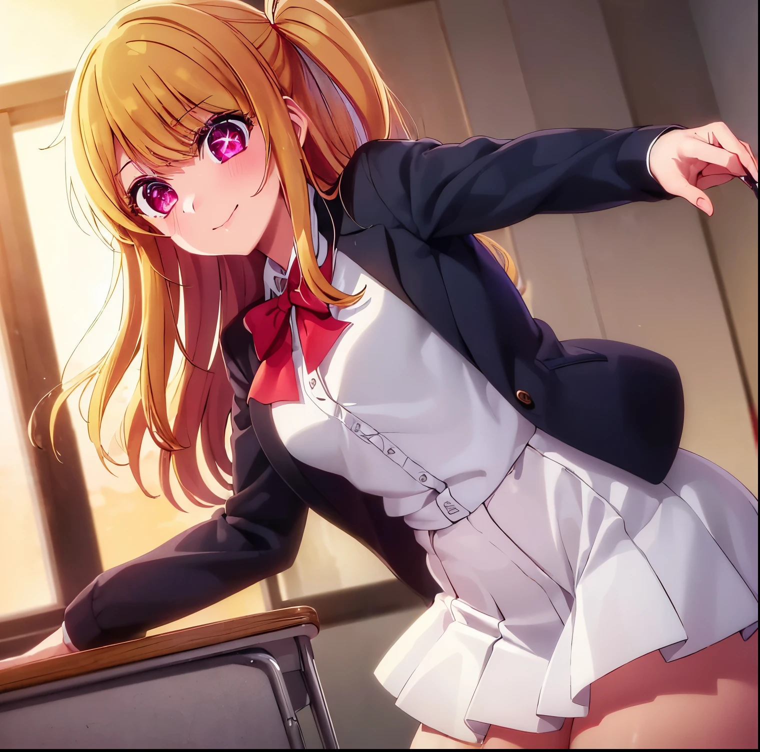 ((1girl)),((alone)),Ruby Hoshino, (oshi no ko),(masterpiece), (best quality), (ultra detailed), (best illustration), (best shadow), (absurdities), sharp focus, cowboy shot, atmospheric perspective, depth of field, dynamic posture looking at viewer, medium breasts, narrow waist, wide hips, wide thighs, round butt, erotic, romantic, (very detailed eyes, 1.1 lips), very detailed, eyes, Very detailed face, Very beautiful face, Symmetrical face, Aesthetic face, perfect face, perfect eyes, detailed eyelashes: 1.5), full height, beautiful slim figure, femininity, expressive appearance, elastic medium breasts, sexuality, half-open lips ,long hair, blonde hair, dark pink eyes, (red iris: 1.1), (star-shaped left pupil: 1.5), symbol-shaped pupil, shirt, bow, one side up, long sleeves, open jacket, white shirt, school uniform, bow tie, collared shirt, blue jacket, red bow, gray skirt, short skirt, tight skirt, , hand on hip, curves, defined body, Perfect and beautiful body, perfect and beautiful, closed mouth, flirtatious expression, smile, blushing, (sexy pose: 1.2), ((solo)), standing: 1.3, ((inside , Japanese school, desks, desk, window, sunset,)), looking forward, ((focus on thighs)), point of view: (from below), perfect anatomy, perfect hands