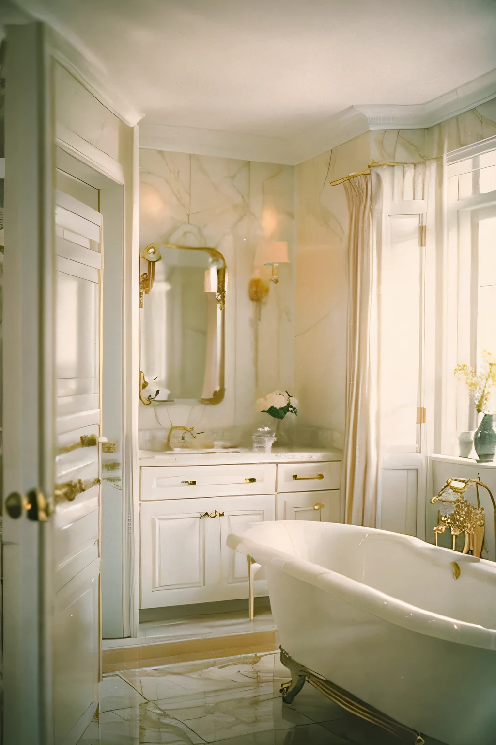 a white dreamy house, bathroom, retro, foggy, soft focus, year of 1995, cool lighting, muted pastel colors, glowing atmosphere, dramatic, cinematic composition, dream-like quality, ethereal, romantic, soft focus photography, golden hour, windy, marble, golden and mirrors, hazy