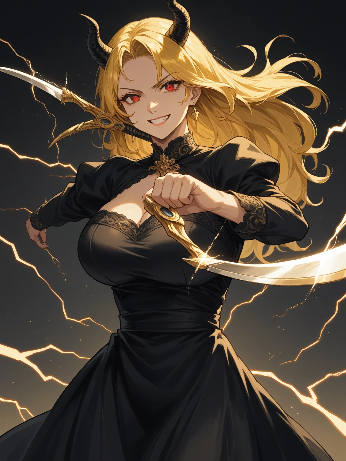 Masterpiece, very detailed, ultra detailed, one, (1 woman), she is in a monochrome sick black dress with gold details, with lightning knives in each hand and in a stand and fighting pose, long hair, straight hair, bright yellow hair and side parting, yellow demonic horns, beautiful, charming, bright red eyes, elegant, big breasts(huge), kind smile, charming, against a background of golden thunderstorms and golden lightning.