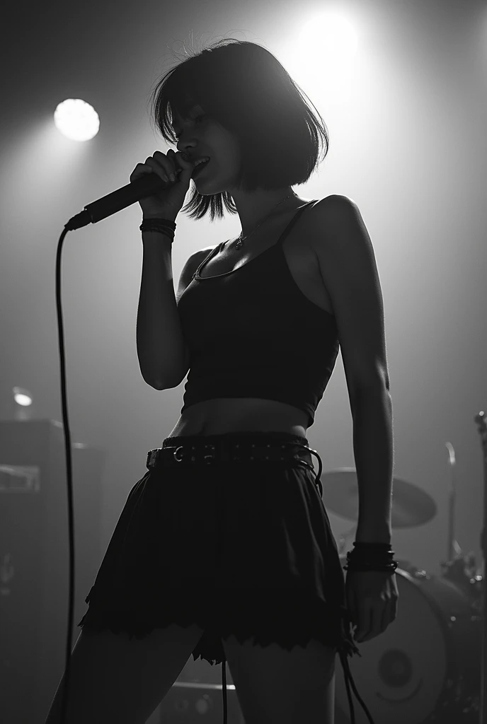 Short Bob、Japan Female Vocals、Japanese、8k、live house、A large audience、Black and white photography、Punk Rock、Smoke filling the stage、shake one&#39;s head、Functional、Tank top、Large Breasts、M-shaped legs、skirt、Show your pants、Pussy、