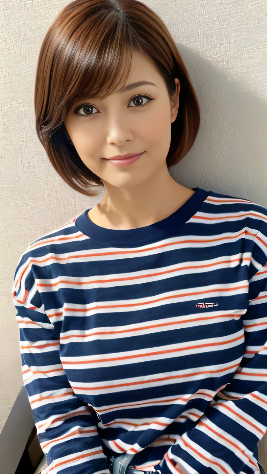 ((Highest quality)), ((masterpiece)), (detailed),Perfect Face,Japanese,housewife,Long-sleeved T-shirt with thin navy blue horizontal stripes,40 year old bust shot,Pixie Cut Hair,Light brown hair,