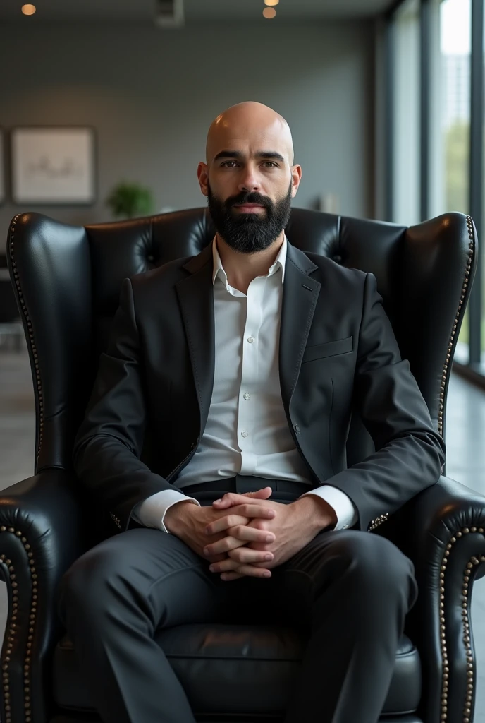 Create a young professional bald man with black beard from an accounting firm sitting on a large black chair a little away looking at the photo with serious face