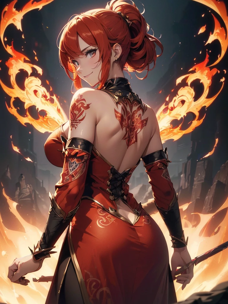 (((best quality, sharp image, clear image, cinematic lighting, 8k resolution, masterpiece, ultra detailed, intricate))) Girl, (((looking over left shoulder))), (shot from behind), fire mage, ((intricate background)), ((chaotic background)), red hair, smiling, ((flame runes, flame sigils)), (tatoo on back), slim figure, flying sigils