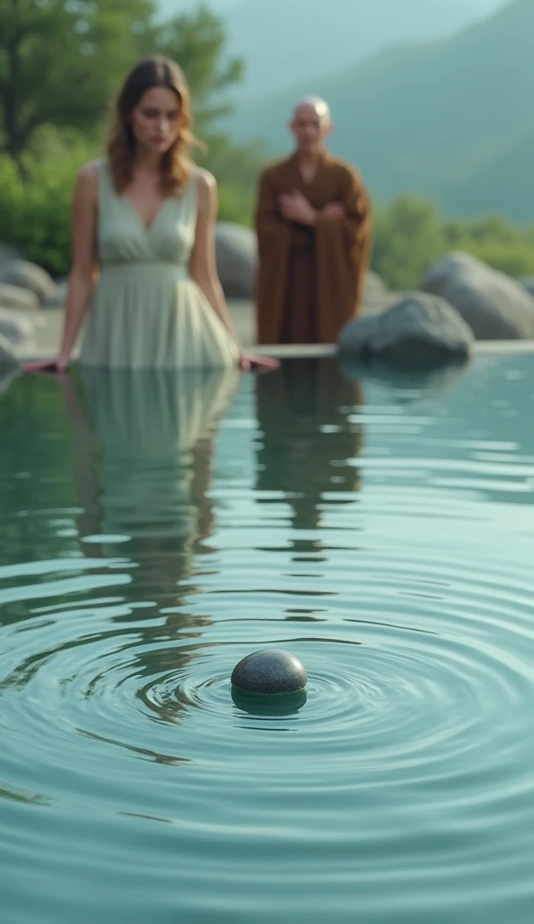 A close-up of the lake's surface as the pebble hits the water, creating ripples that spread out in perfect circles. The woman and the monk are seen in the background, watching the ripples as they gradually fade away.
The Young Clothes are simple, flowing dress in pastel colors, perhaps light blue or beige. Her Expression are Concerned, eyes downcast, a slight frown on her face.
The Monk's Face bald and clean shaved. He is Calm and serene, with a gentle smile. His Clothes are Traditional monk robes in earthy tones, like brown.