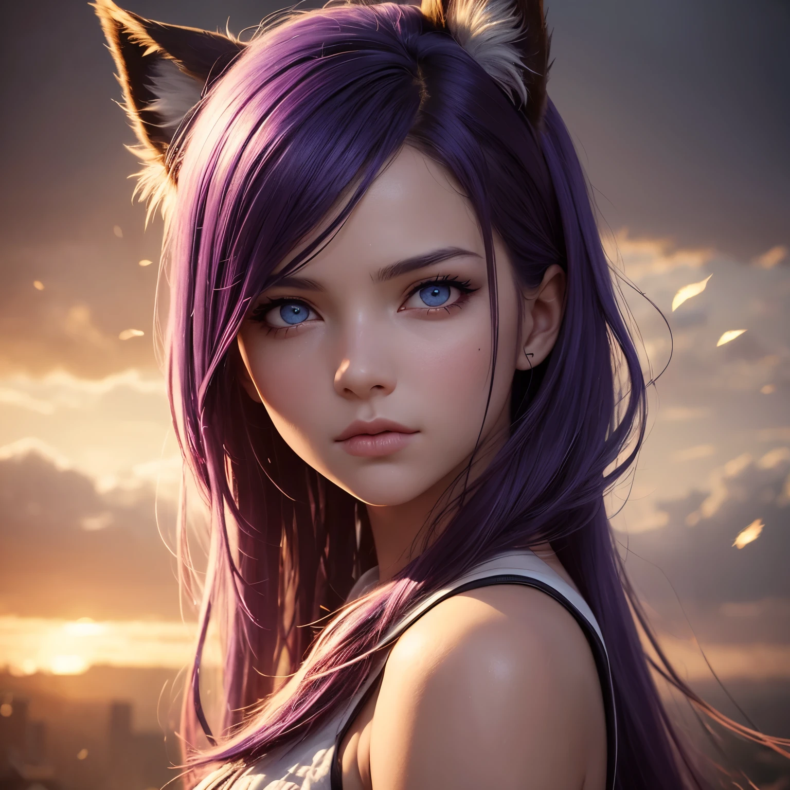 a 10 year old girl, white wings on back, fox ears, purple hair, serious expression, purple energy around, beautiful detailed eyes, beautiful detailed lips, extremely detailed face and features, 1girl, fantasy, magical realism, cinematic lighting, dramatic lighting, dark moody, mood lighting, vibrant colors, digital art, concept art, 8k, best quality, masterpiece, ultra-detailed, photorealistic, physically-based rendering