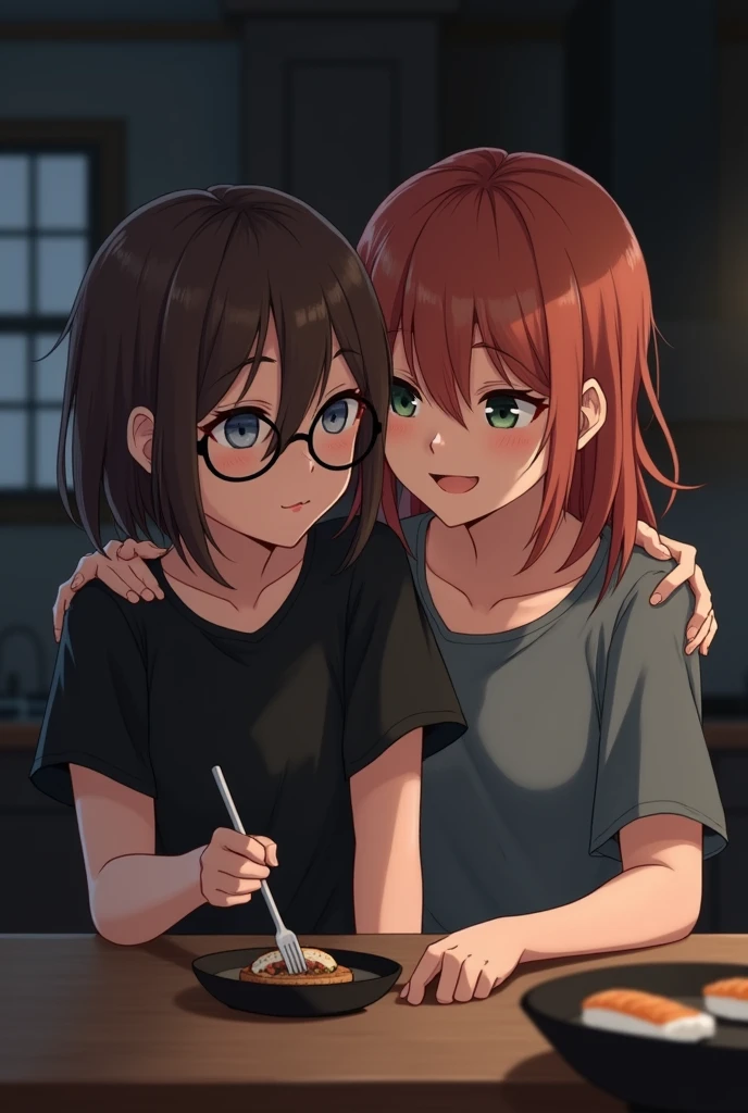 2 girl, friends, emo/scene atrstyle. The first girl with brown hair slightly longer than shoulder length, a little messy and not straggly, the main length lies on the shoulders and a slanting fringe covering the left eye, gray-blue eyes and a black T-shirt, with round glasses, a little shorter, more cheerful. The second girl is reddish-orange hair slightly longer than shoulder length, about the same hairstyle as the first girl only more neat and slightly round, quite lush hair and with curtain bangs, dark green eyes, gray-blue T-shirt, slightly taller, more calm.
girls sitting in a dark kitchen eating sushi and the first girl happily hugs the second one by shoulder