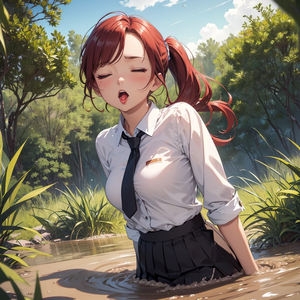 1girl, solo:1.5, masterpiece, best quality, high res, highly detailed, (illustration), beautiful detailed eyes, yuigahama yui, red hair ponytail, glossy lips, light makeup, orgasm, (looking up to the sky:1.5), (mouth open:1.2), intimate moment, school shirt, (quicksand:1.4), (submerged up to her torso), (from side:1.4), bog, swamp, grass, trees, (eyes closed:1.3),