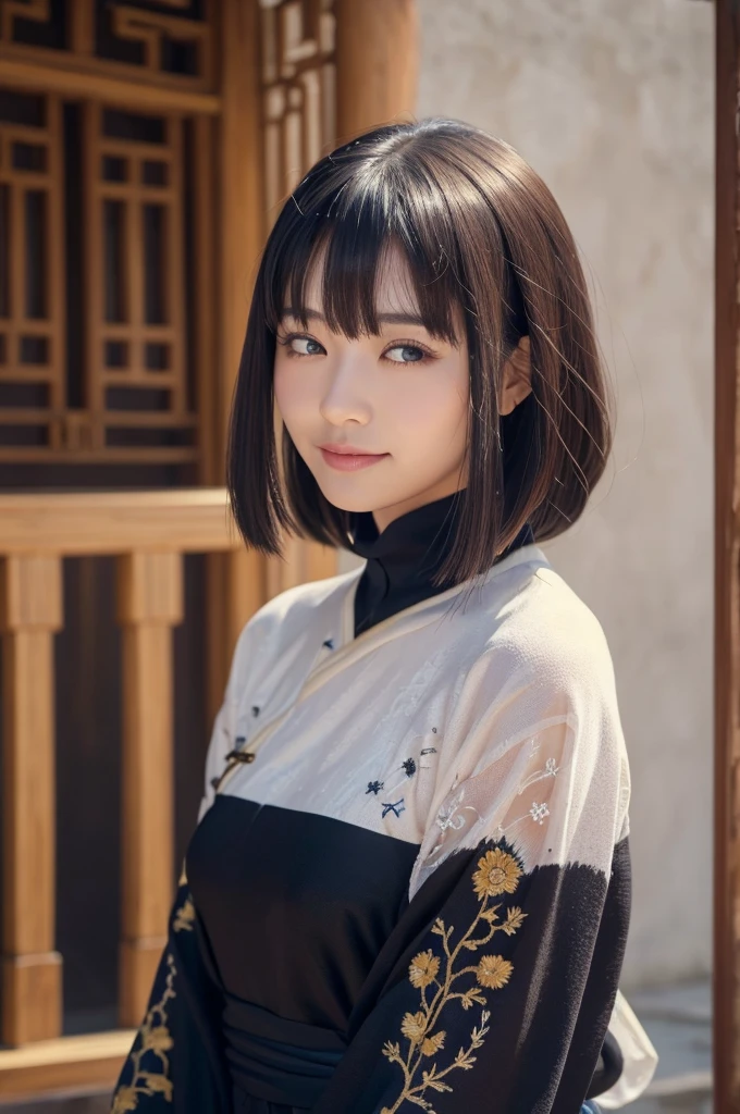 One person, bangs, Exposing shoulders, Black Hair, Black sweater, blunt bangs, good, Mouth closed, Depth of written boundary, Hime cut, (Huge breasts:0.7), lips, Long Hair, View your viewers, Mole under the mouth,  Purple eyes, Ribbed sweater, See through, (Ancient Chinese palace embroidered clothing;Golden lace), alone, smile,(masterpiece:1.4),(Highest quality:1.4),(Glowing Skin),Steaming body