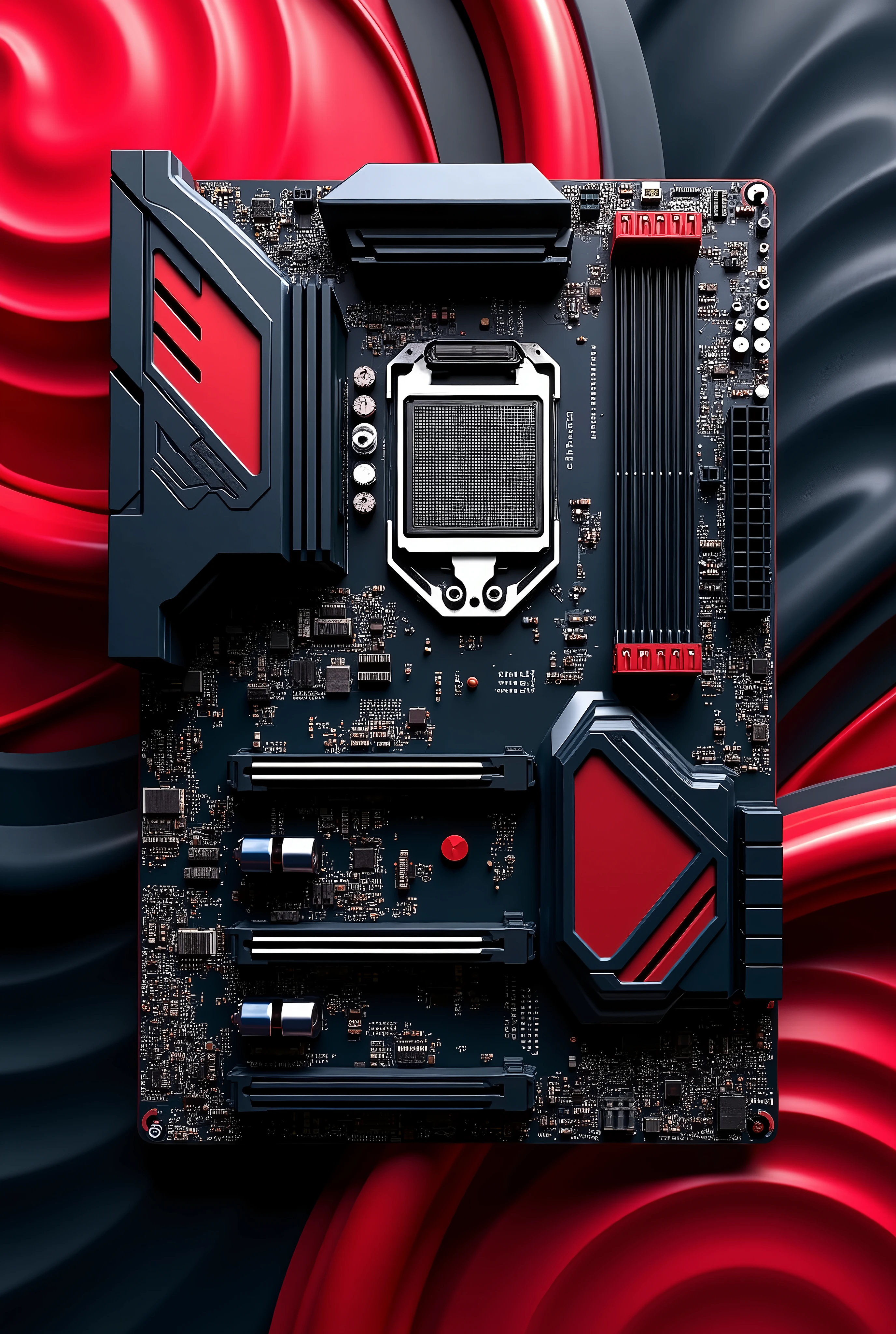 Motherboard showing processor socket, seen from above, futurist, with heat sinks, swirly vibrant colors, predominant colors in black and red.