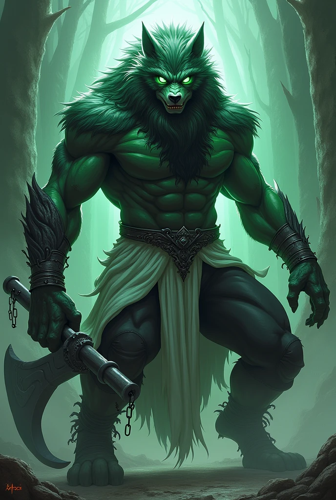 generates a roaring gray werewolf with glowing green eyes and an arm consumed by darkness tied with chains with a face similar to a dragon ball z style himano with a green shirt and a white robe with black pants, muscular with a very large axe of gods , sitting on a 4D sheet