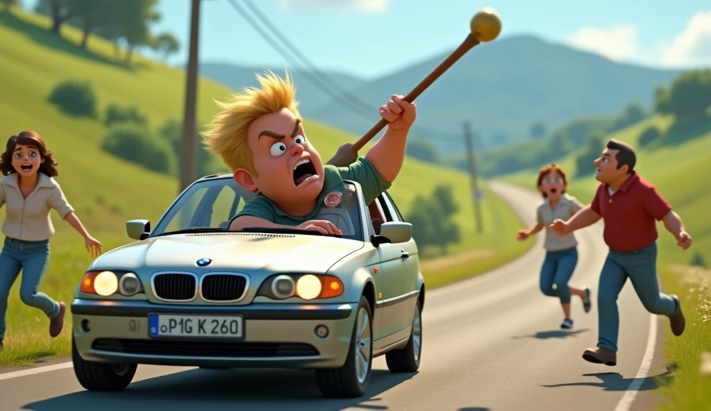 Generate an image: Im Stil von Pixar 3D-Animations-Filmen. The driver is an angry young man, slightly overweight with short blonde hair leans out of the side window of a silver BMW E46 Compact on a country road and swings a club. People jump to the side in panic.